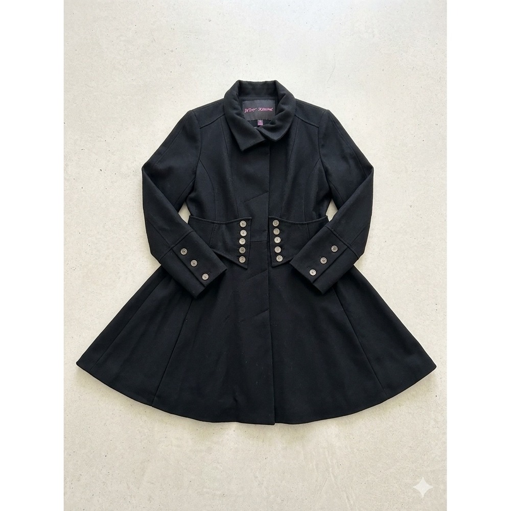 Betsey Johnson Peacoat 10 Black Wool Blend Fit Flare Corset Waist Pleated Y2K